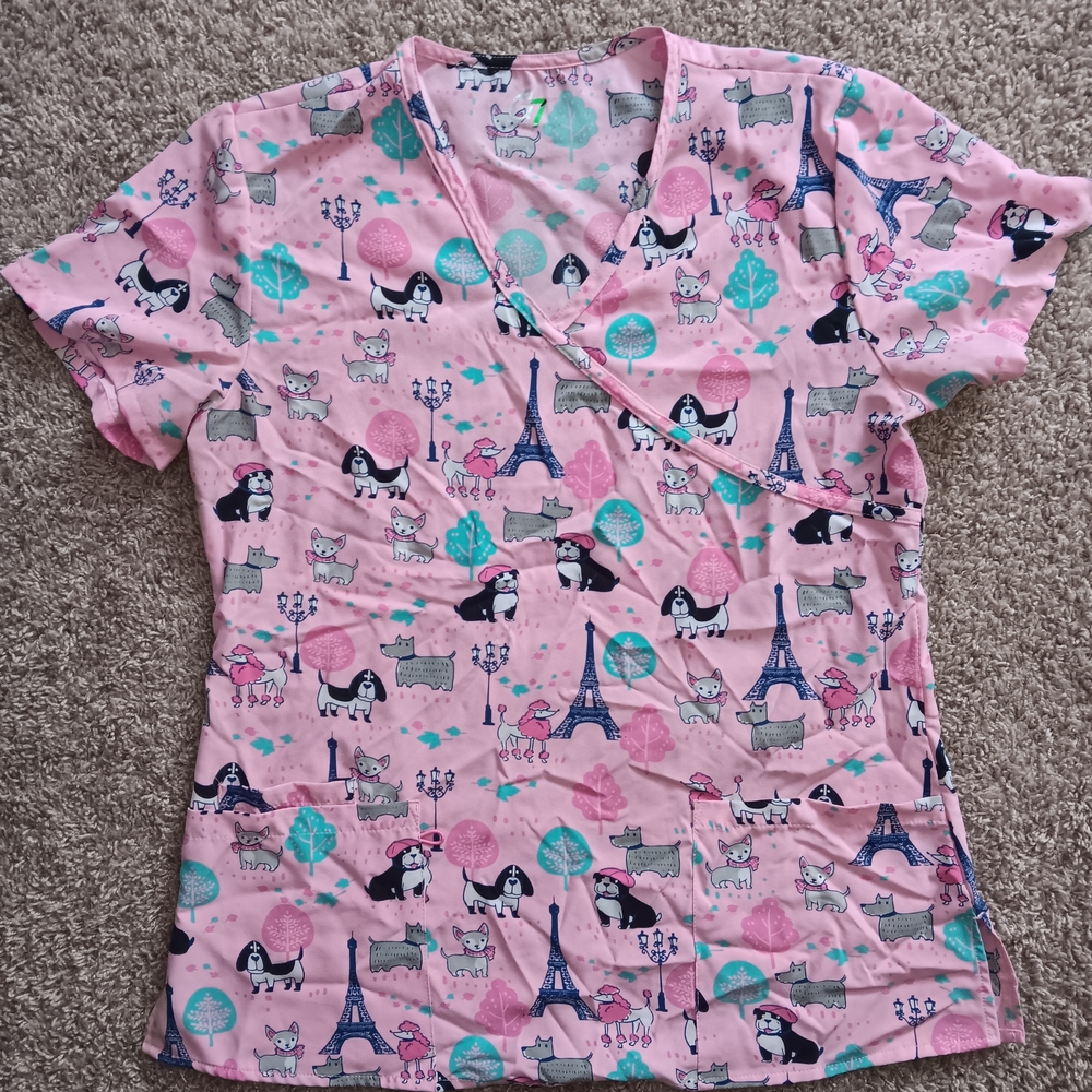Pink Parisian Print Scrub Top